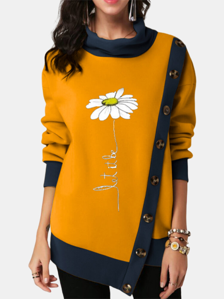 Flower Print Pile Collar Button Asymmetrical Plus Size Sweatshirt