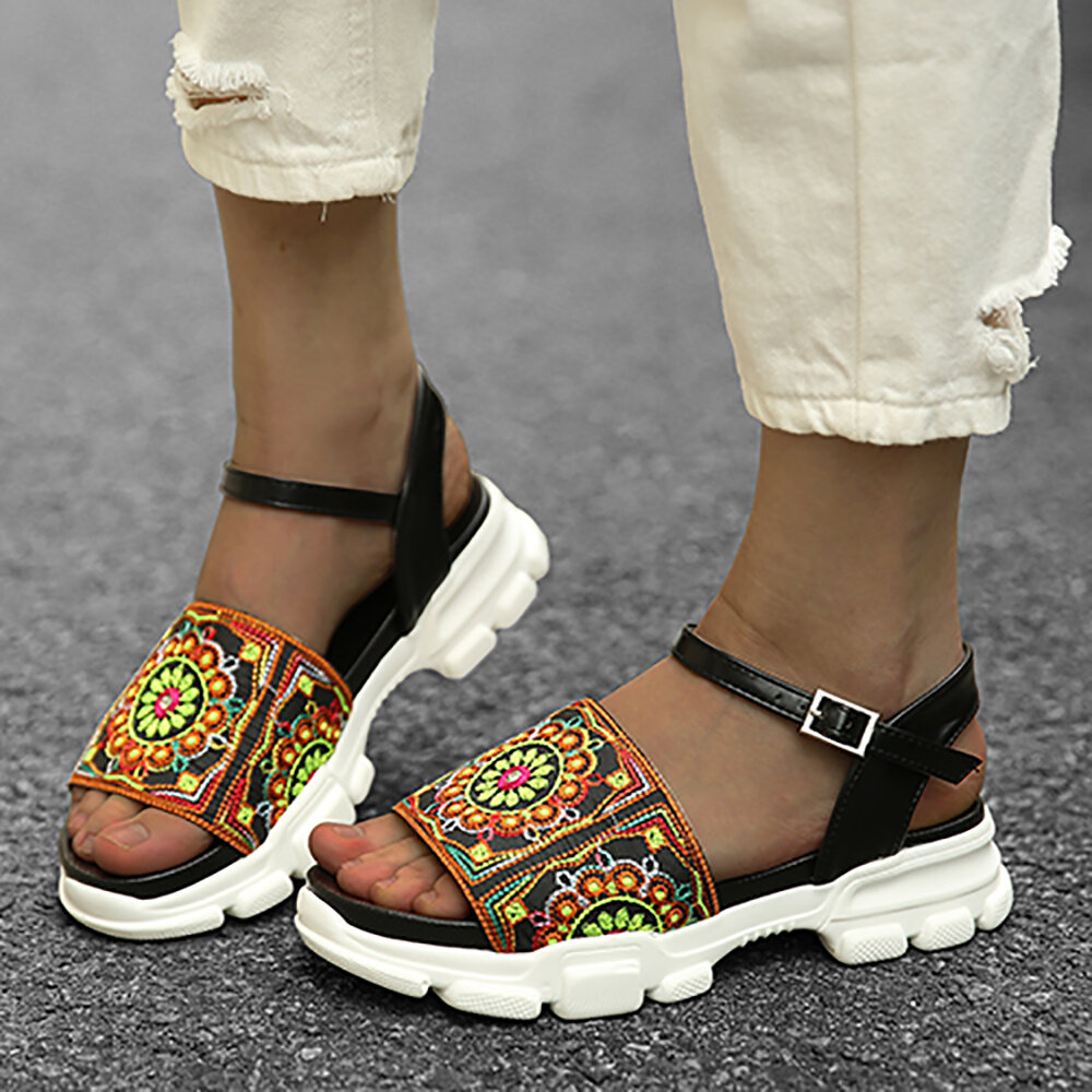 LOSTISY Colorful Embroidered Buckle Platform Sport Sandals