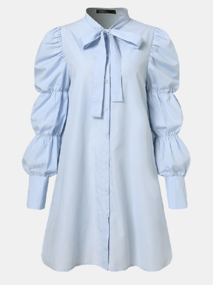 Solid Color Puff Sleeve Bowknot Plus Size Casual Shirt