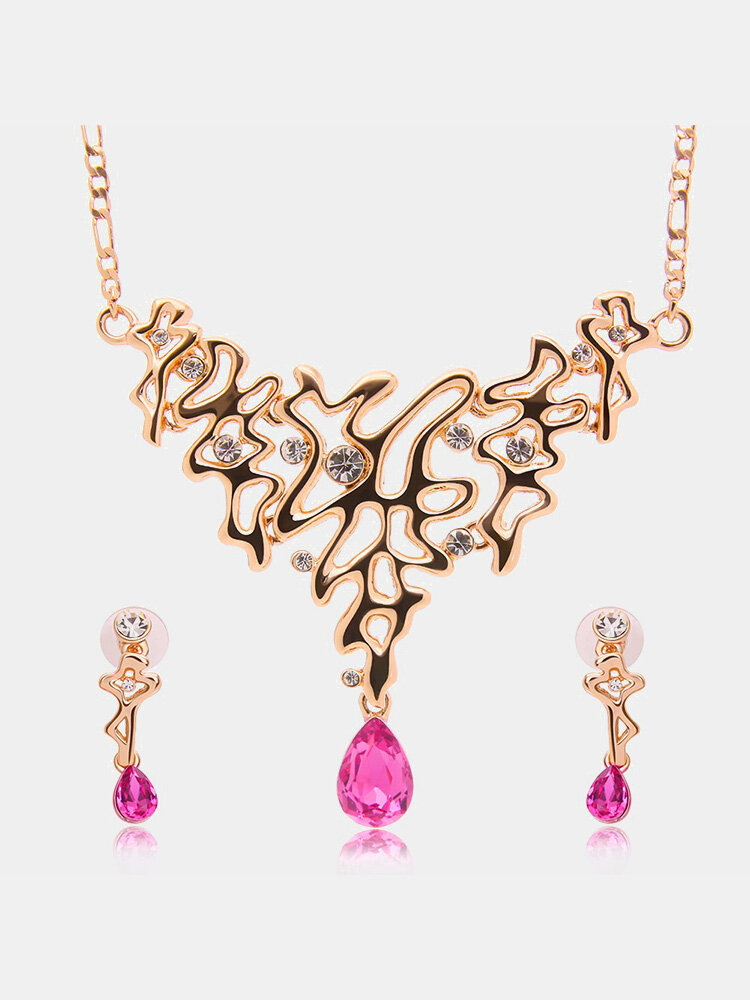 Alloy Jewelry Set Purple Crystal Rhinestone Tassel Earrings Necklace Set