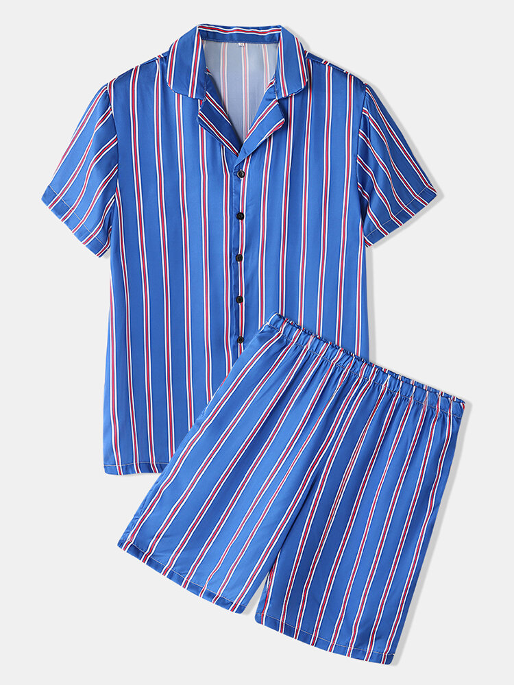 Men Luxury Faux Silk Pajamas Stripe Print Loungewear Lapel Collar Breathable Sleepwear