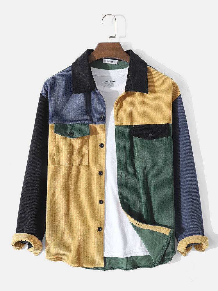

Mens Corduroy Colorblock Patchwork Lapel Button Preppy Long Sleeve Shirts, Green;red;white