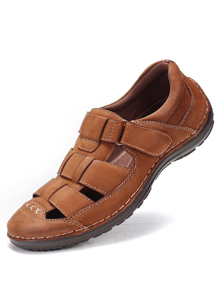 Menico Men Retro Leather Non Slip Hook Loop Soft Casual Sandals