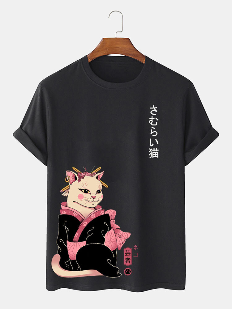 Mens Japanese Cat Figure Print Crew Neck Short Sleeve T-Shirts Winter