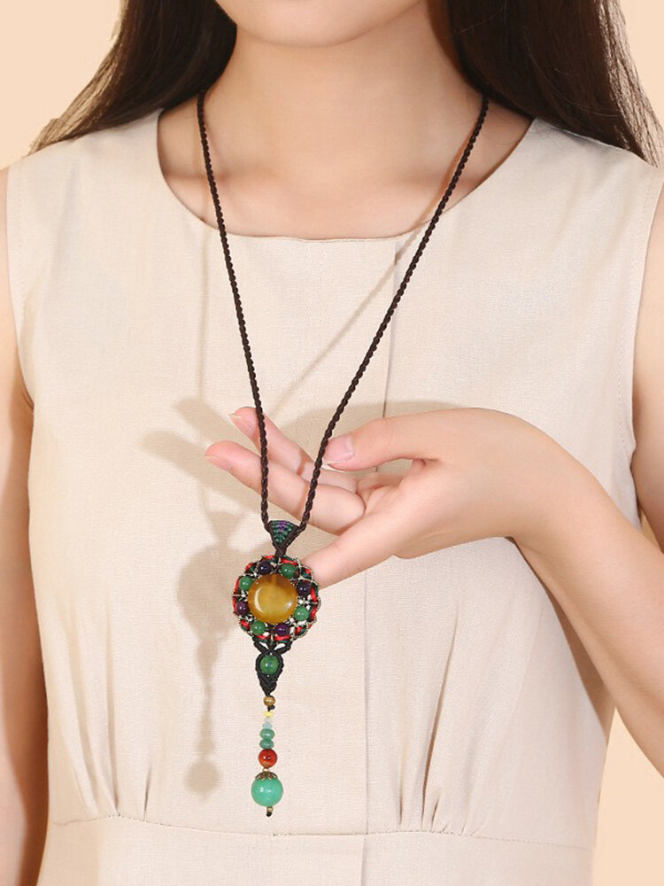 Ethnic Weaving Sweater Necklace Retro Agate Long Style Necklace For Women 