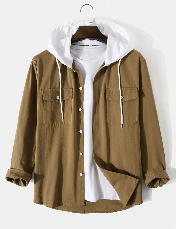Mens Solid Button Up Drawstring Hooded Shirts With Flap Pocket