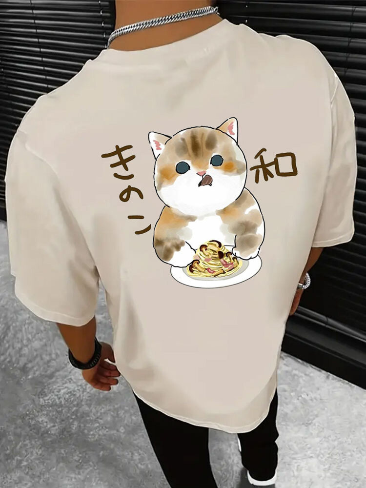 

Mens Japanese Cat Back Print Crew Neck Short Sleeve T-Shirts, Khaki