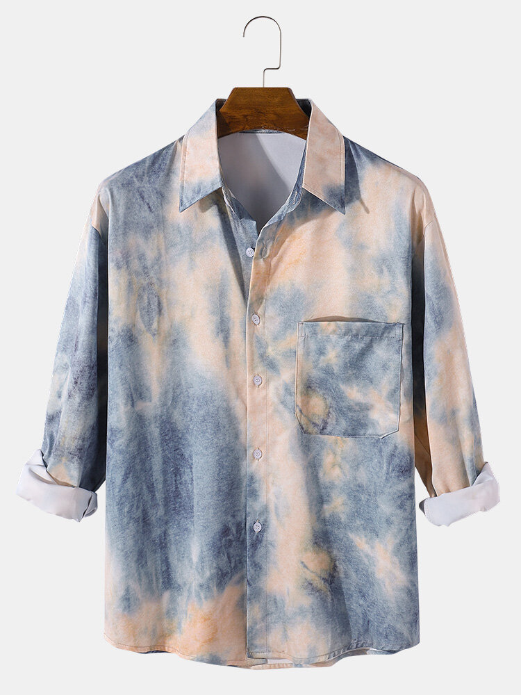 Mens Tie-Dye Print Lapel Collar Casual Long Sleeve Shirts With Pocket