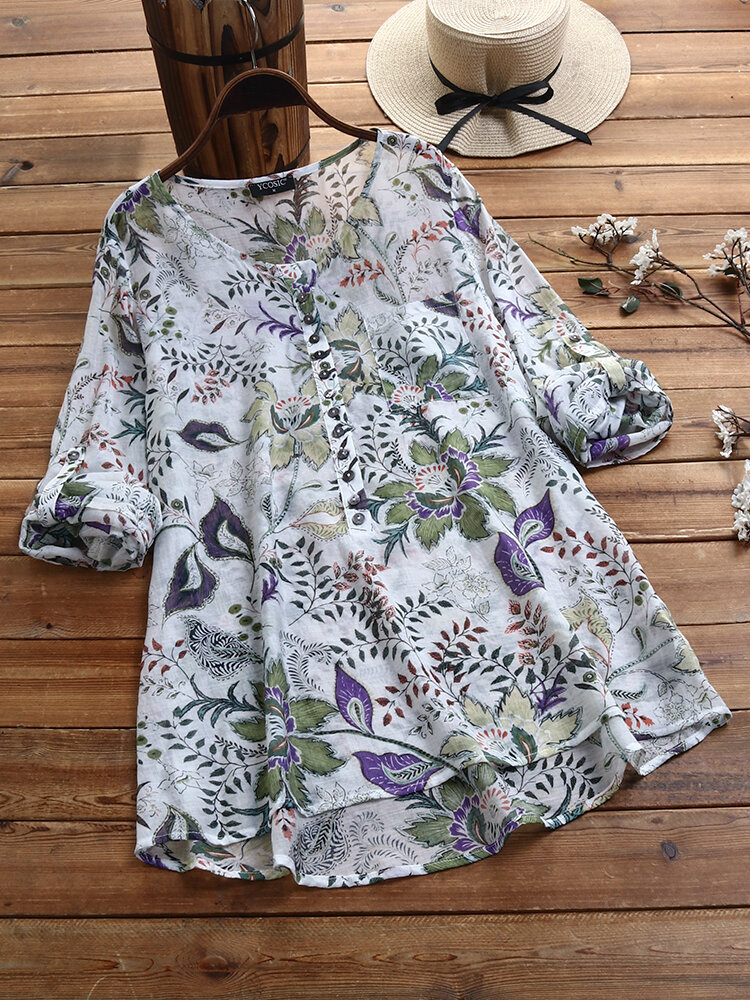 Vintage Floral Printed Button O-Neck Blouse With Pocket