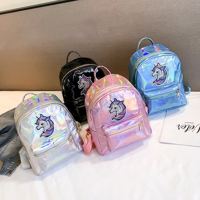 Bright Face Laser Backpack Cartoon Cute Unicorn Backpack Girl Casual Bag Tide Pu Defense