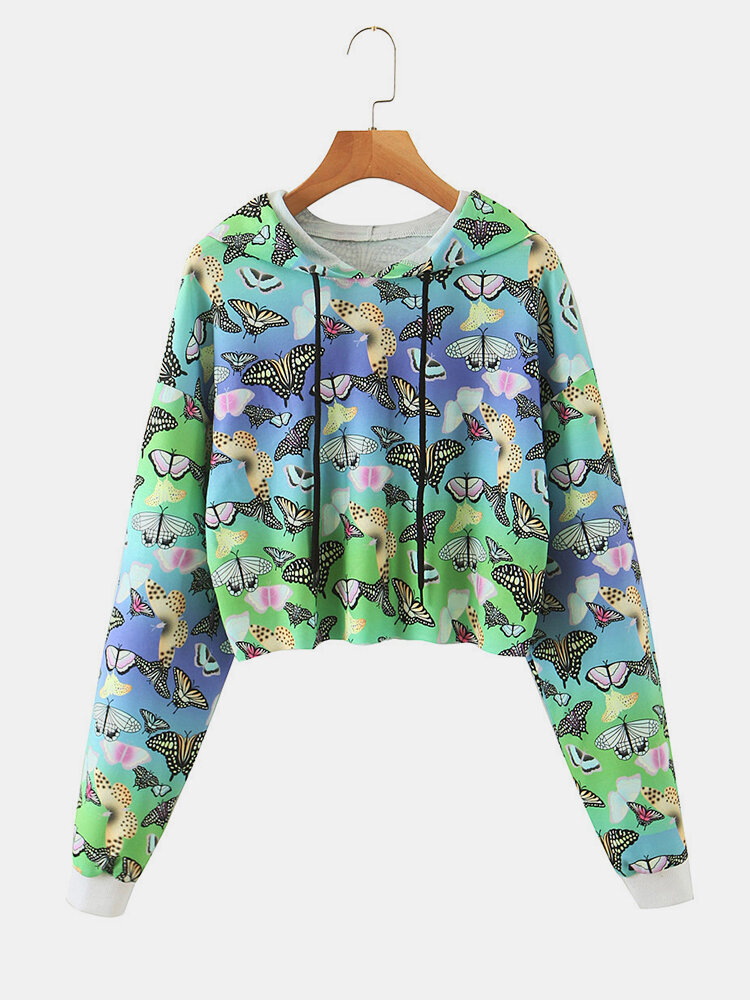 Butterfly Printed Drawstring Casual Hoodie For Women