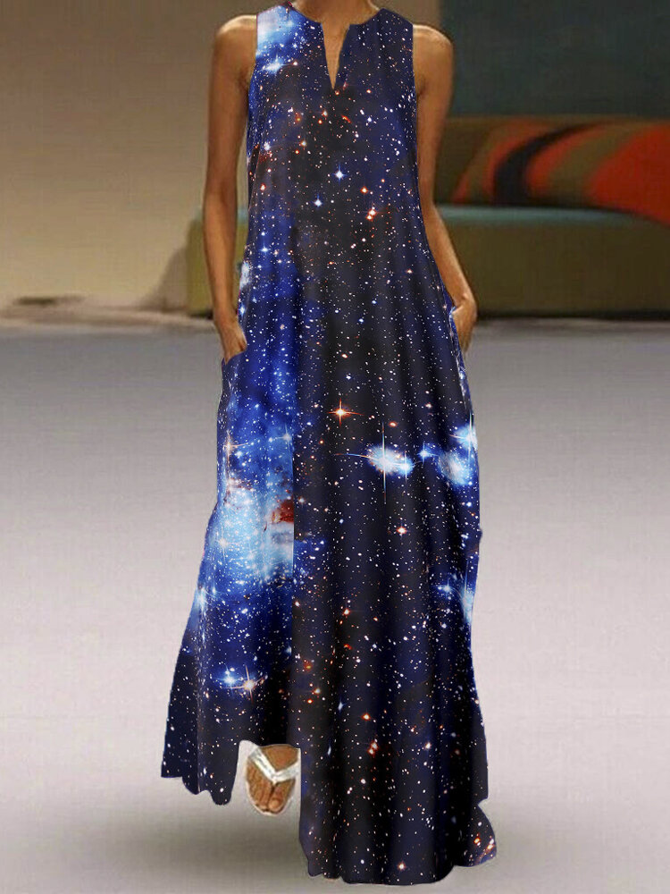 Starry Sky Printed V-neck Sleeveless Maxi Dress With Pocket