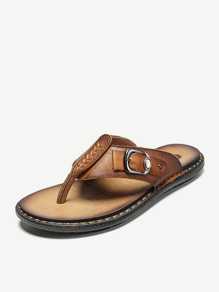 Men Leather Flip Flops Outdoor Beach Water Leather Slippers
