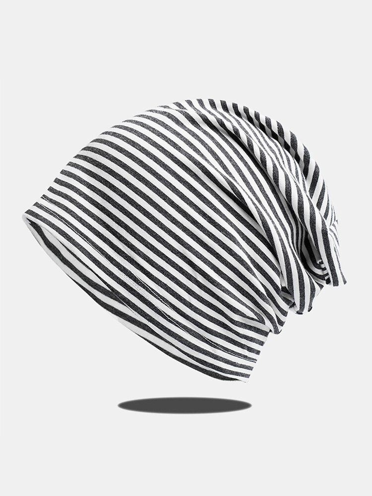 Women Cotton Knitted Horizontal Stripes Breathable All-match Beanie Hat
