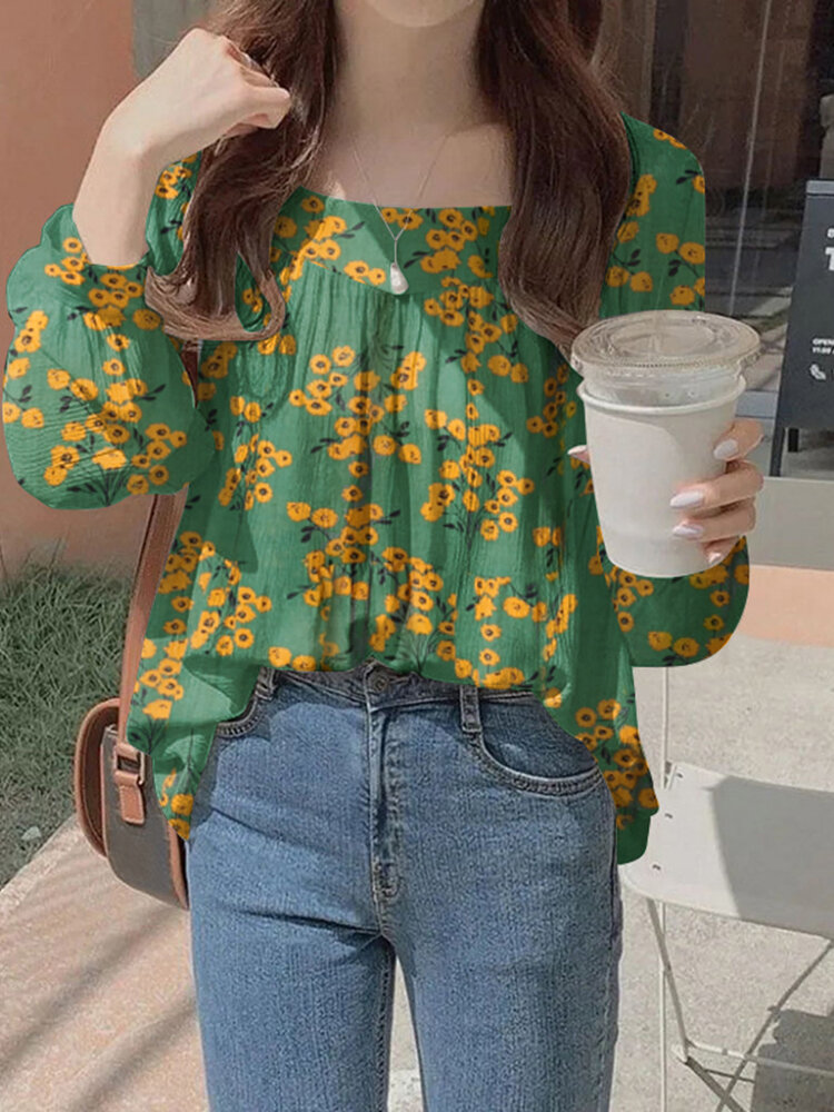 Floral Print Long Sleeve O-neck Blouse For Women