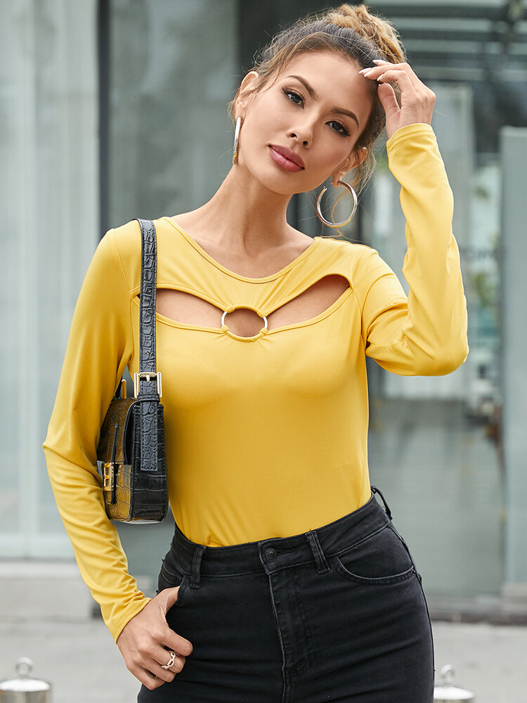 Solid Color O-neck Cut Out Backless Knotted Long Sleeve T-Shirt