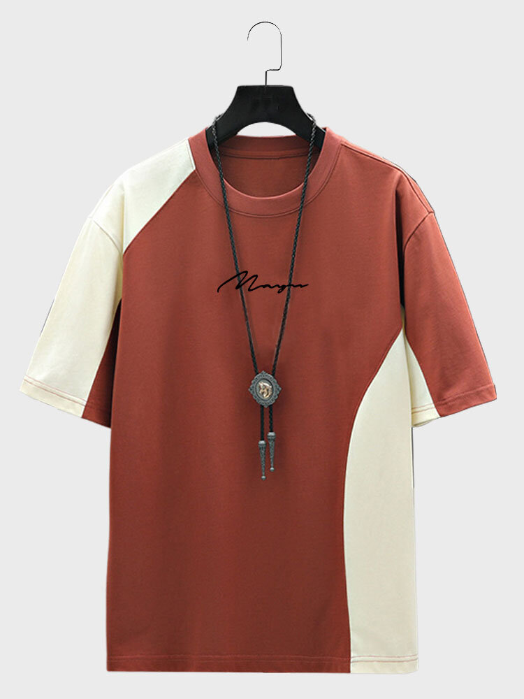 Camisetas de manga corta con cuello redondo y patchwork de colores contrastantes para hombre Cuello