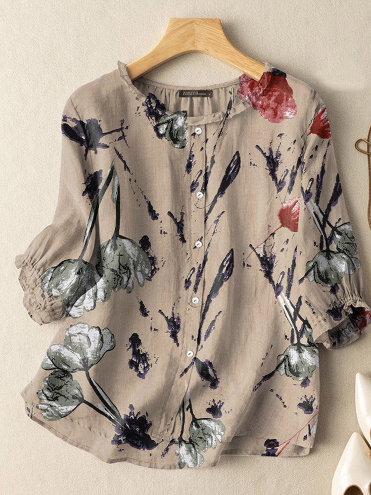 Blusa con botones y manga 3/4 con estampado de plantas Cuello