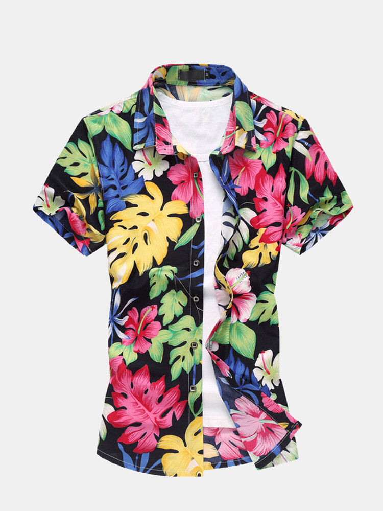 

Plus Size Seaside Printing Flowers Printing Hawaiian Shirts for Men, As picture shows