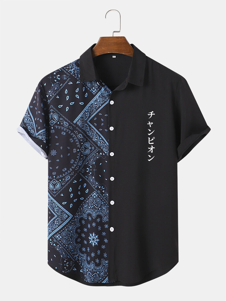 Mens Paisley Scarf Japanese Print Patchwork Street Short Sleeve Shirts
