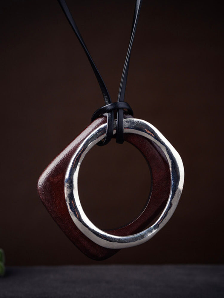 Ethnic Statement Geometric Wood Metal Pendant Necklaces Adjustable Retro Leather Necklaces for Women