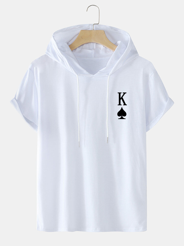 Mens Playing Cards K Print Preppy Short Sleeve Hooded T-Shirts