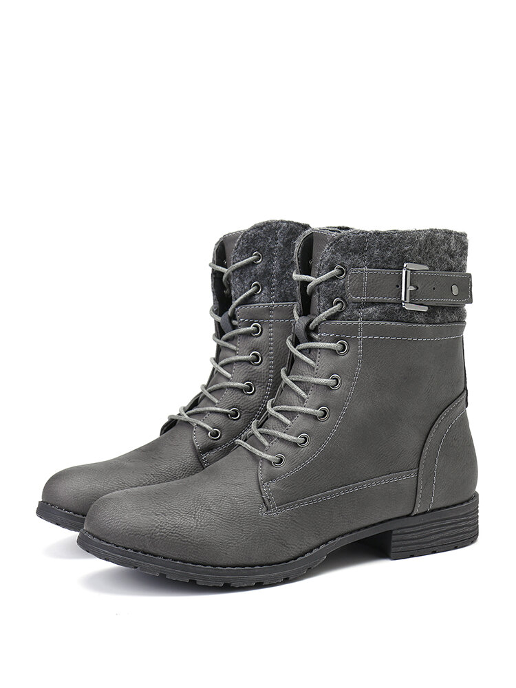 

Plus Size Women Casual Splicing Lace Up Side Zipper Mid Calf Combat Boots, Gray;black;brown