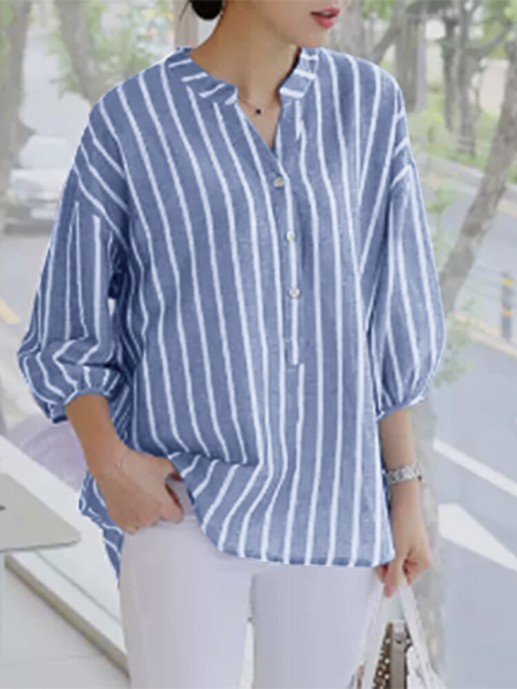ZANZEA Stripe Pattern Puff Sleeve Blouse For Women Cheap - NewChic