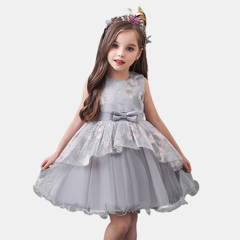 Girl's Tulle Embroidery Flower Bowknot Princess Formal Wedding Birthday Dress For 1-7Y