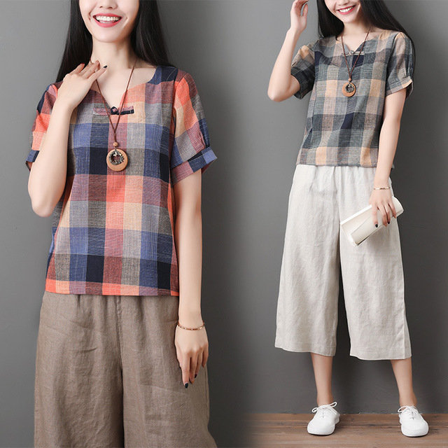 Literary Retro Women's Cotton And Linen Loose Thin Short-sleeved Casual Plaid Short-sleeved T-shirt Top