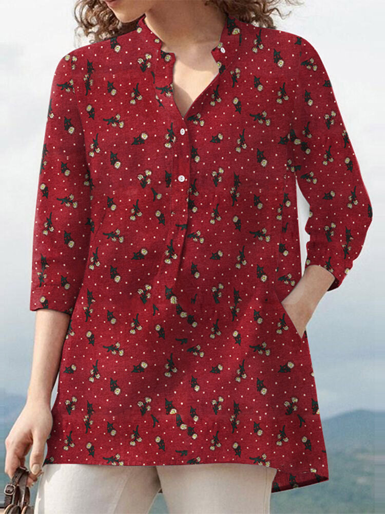 Floral Print Button Pocket Stand Collar 3/4 Sleeve Blouse