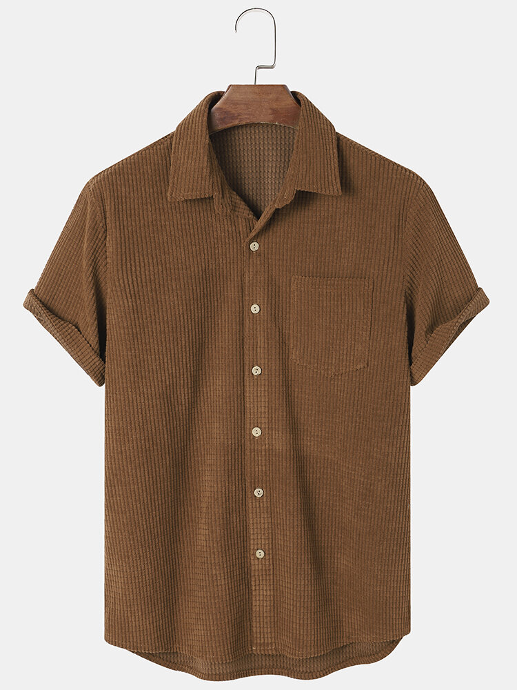 Mens Solid Color Corduroy Short Sleeve Casual Shirts With Pocket