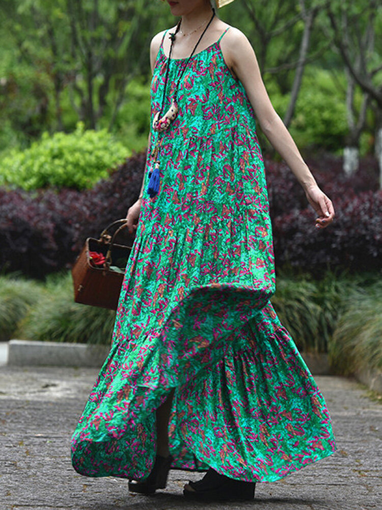 Holiday Floral Print Strap Swing Maxi Dress for Women
