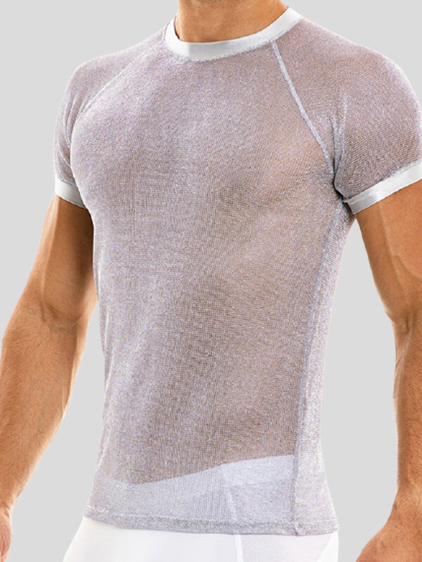 

Men' Sexy Shiny Mesh See-through T-Shirts, Apricot;gray
