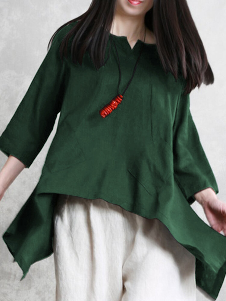 Irregular Solid Color 3/4 Sleeve Plus Size Blouse