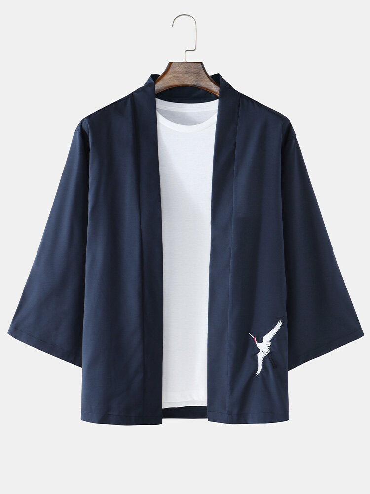 Mens Crane Embroidery Open Front Loose National Style 3/4 Sleeve Kimono