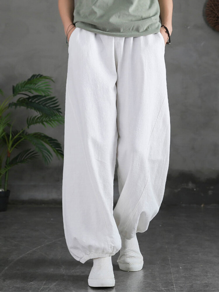 Solid Color Elastic Waist Pocket Casual Cotton Pants