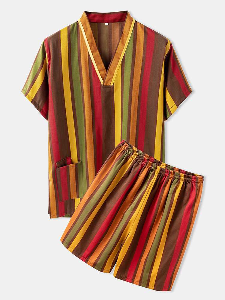 Men Multi-Colored Striped Pajamas Sets Two Pieces Short Sleeve Sleepwear V-Neck Loungewear