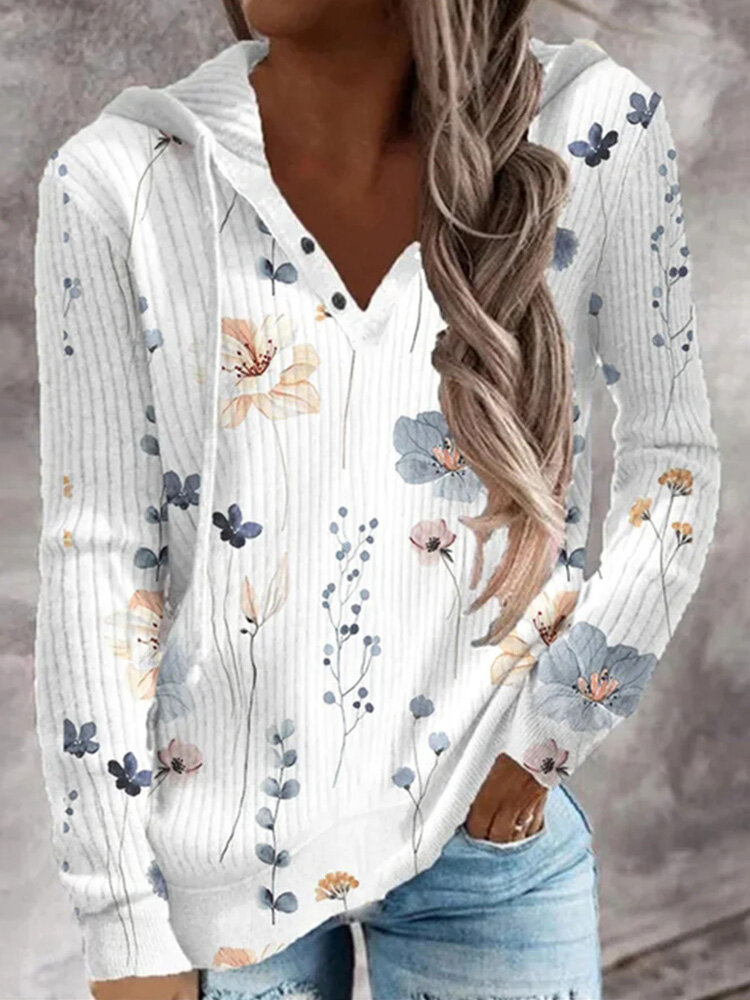 Damen-Langarmshirt mit Allover-Blumen- und Pflanzendruck und Kordelzug Kapuzenpullover