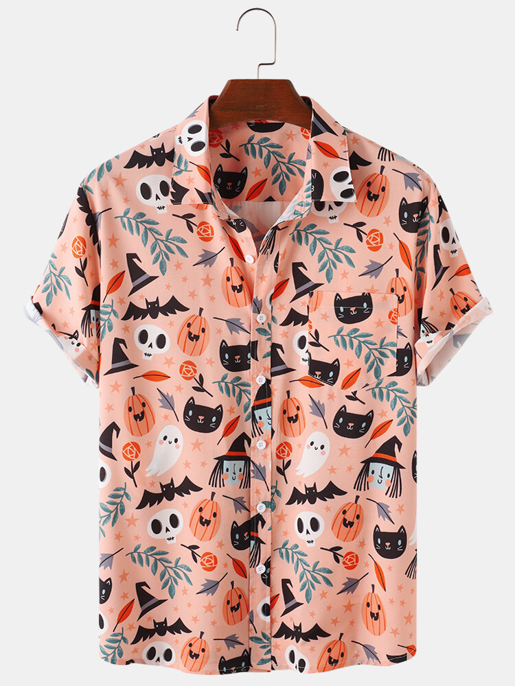 Mens Halloween Pumpkin Cat Funny Party Short Sleeve Shirts