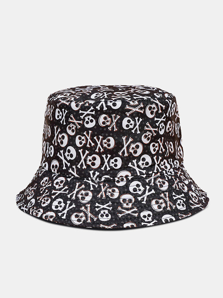 Unisex Cotton Overlay Skull Pattern Print Double-sided Wearable Fashion Sunshade Bucket Hat