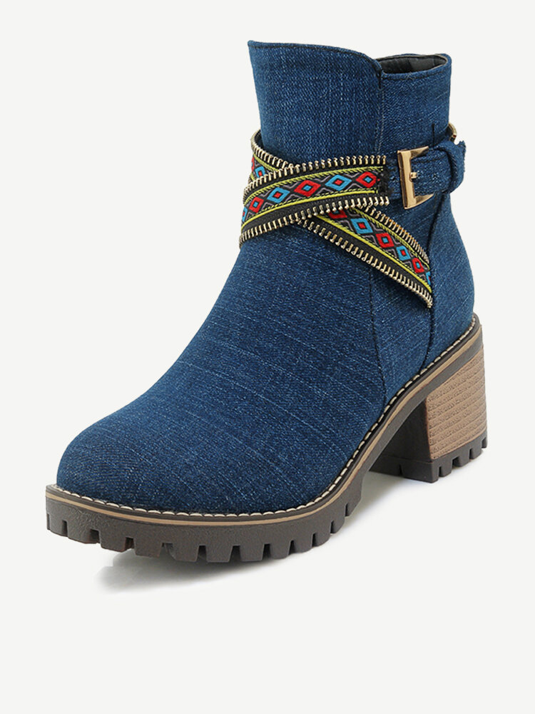 Folkways Band Chunky Heel Canvas Warm Lining Ankle Casual Boots