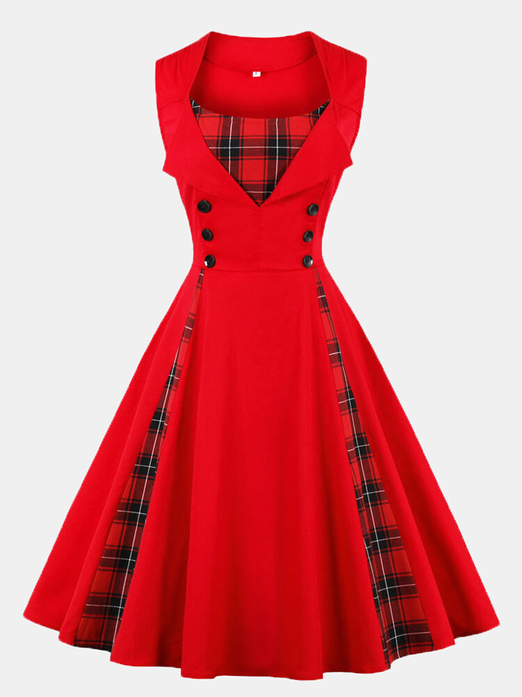 Plaid Print Patchwork Sleeveless Square Collar Plus Size Vintage Dress