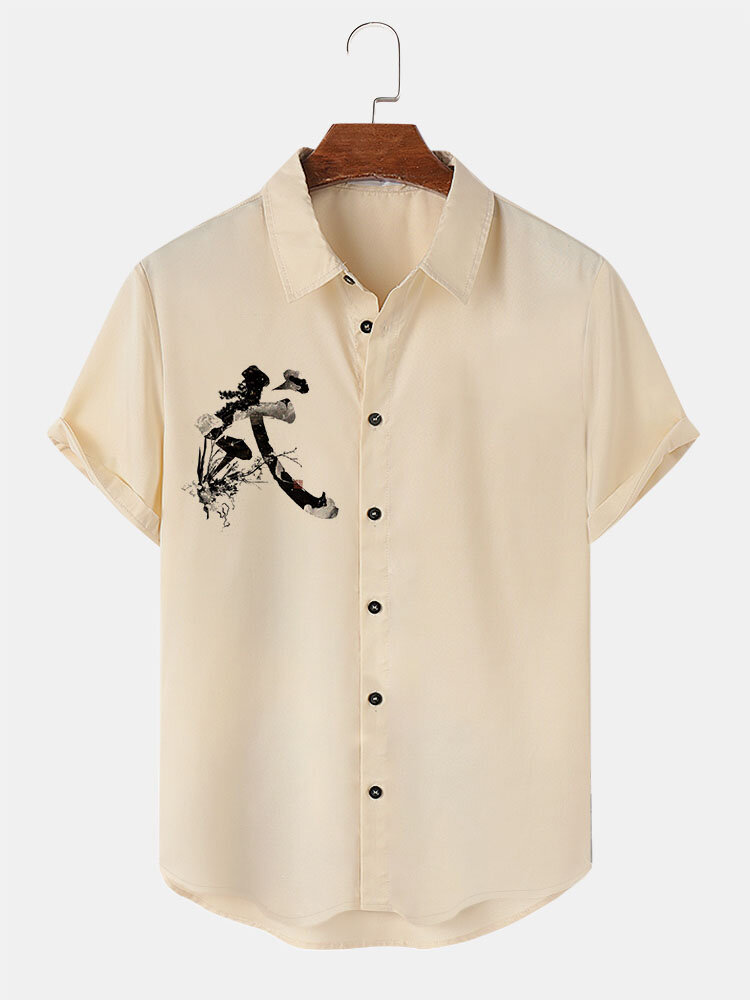 Camisas de manga corta con solapa y estampado de tinta floral chino para hombre Invierno