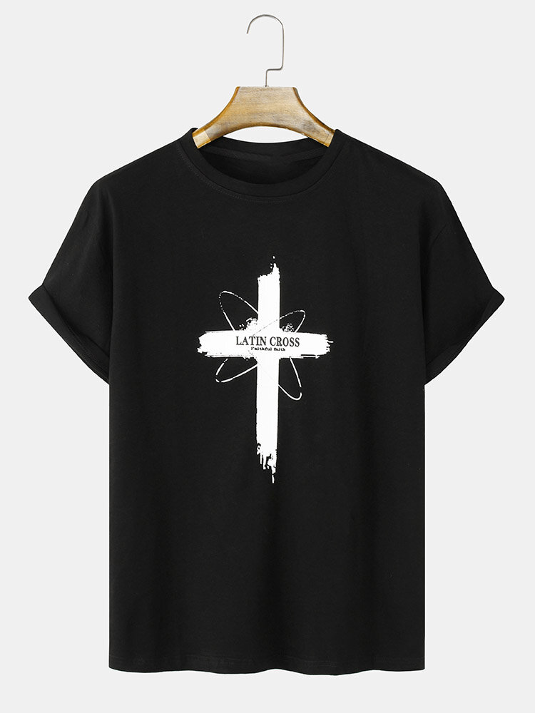 Mens Letter Graffiti Cross Print Short Sleeve T-Shirt