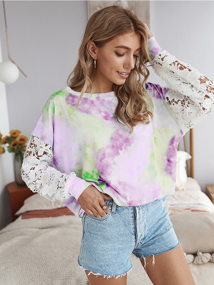 Lace Sleeves Patchwork Tie-dyed Print Casual T-shirt