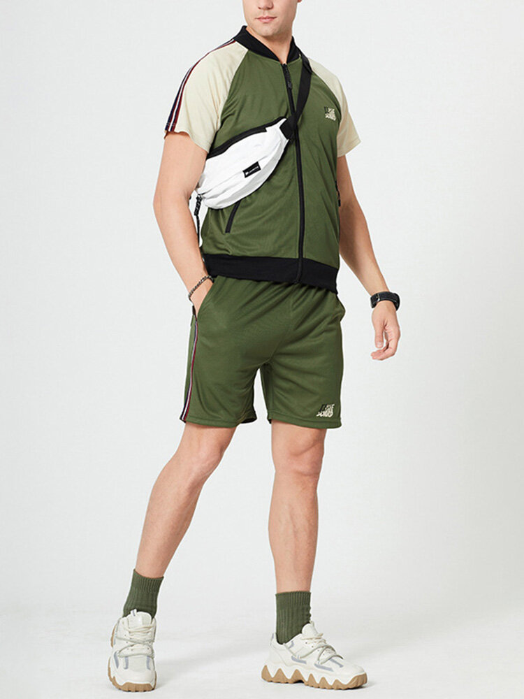 Mens Pattern Raglan Sleeves Baseball Collar Mesh Net Sporty Two Piece Outfits