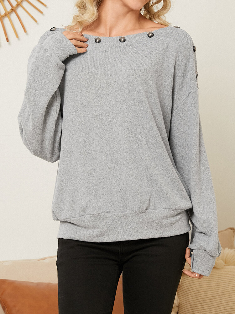 Solid Slash Neck Long Sleeve Button Casual T-shirt For Women