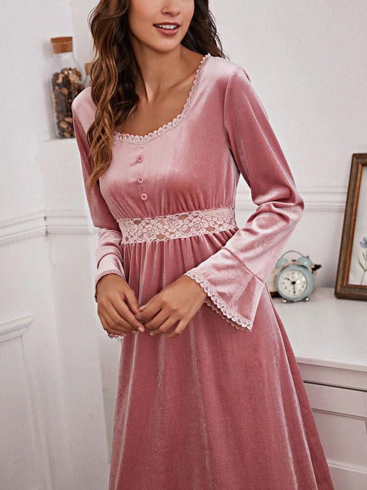 Women Velour Lace Stitching Square Collar Ruffle Sleeve Nightdress Pajamas