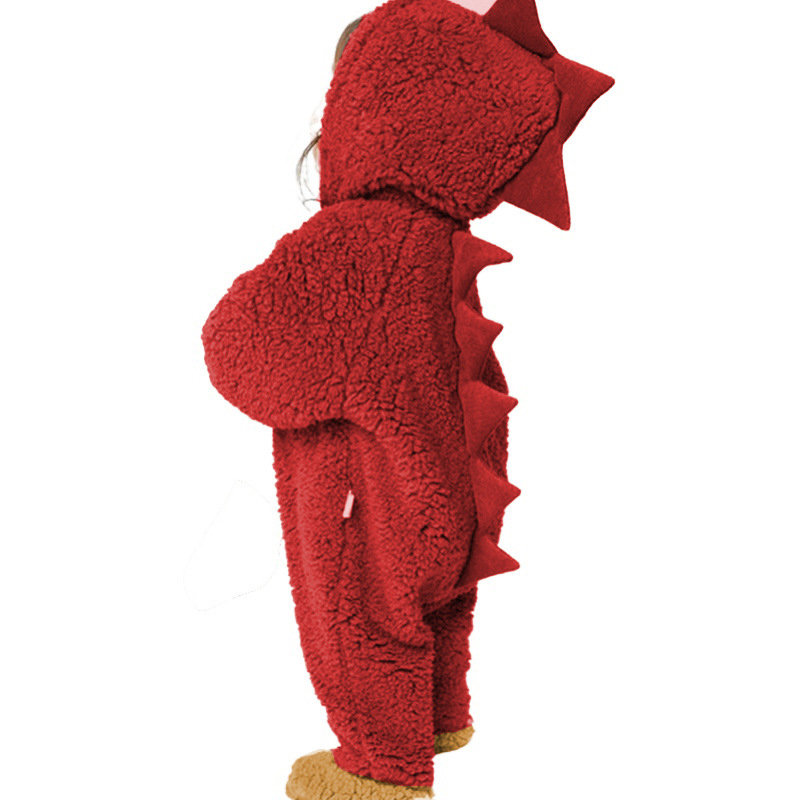 Baby Dinosaur Zipper Hooded Long Sleeves Winter Thicken Coral Fleece Rompers For 0-18M